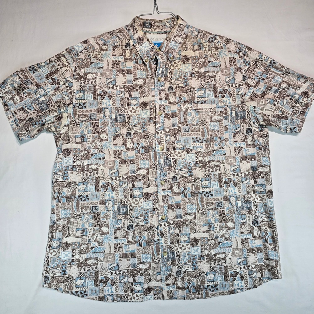 Columbia Sportswear Mens XXL Short Sleeve Button Down Fish Palm Print AM7608